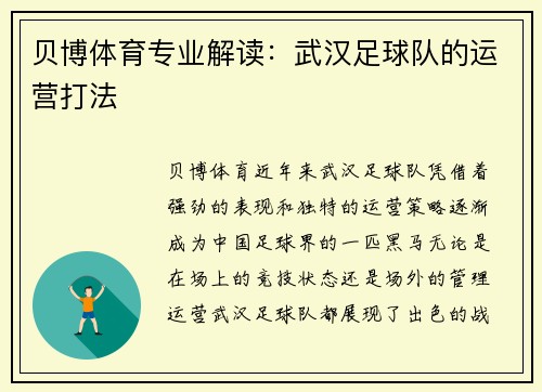 贝博体育专业解读：武汉足球队的运营打法