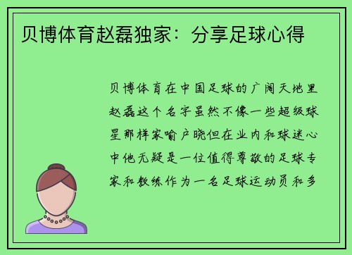 贝博体育赵磊独家：分享足球心得
